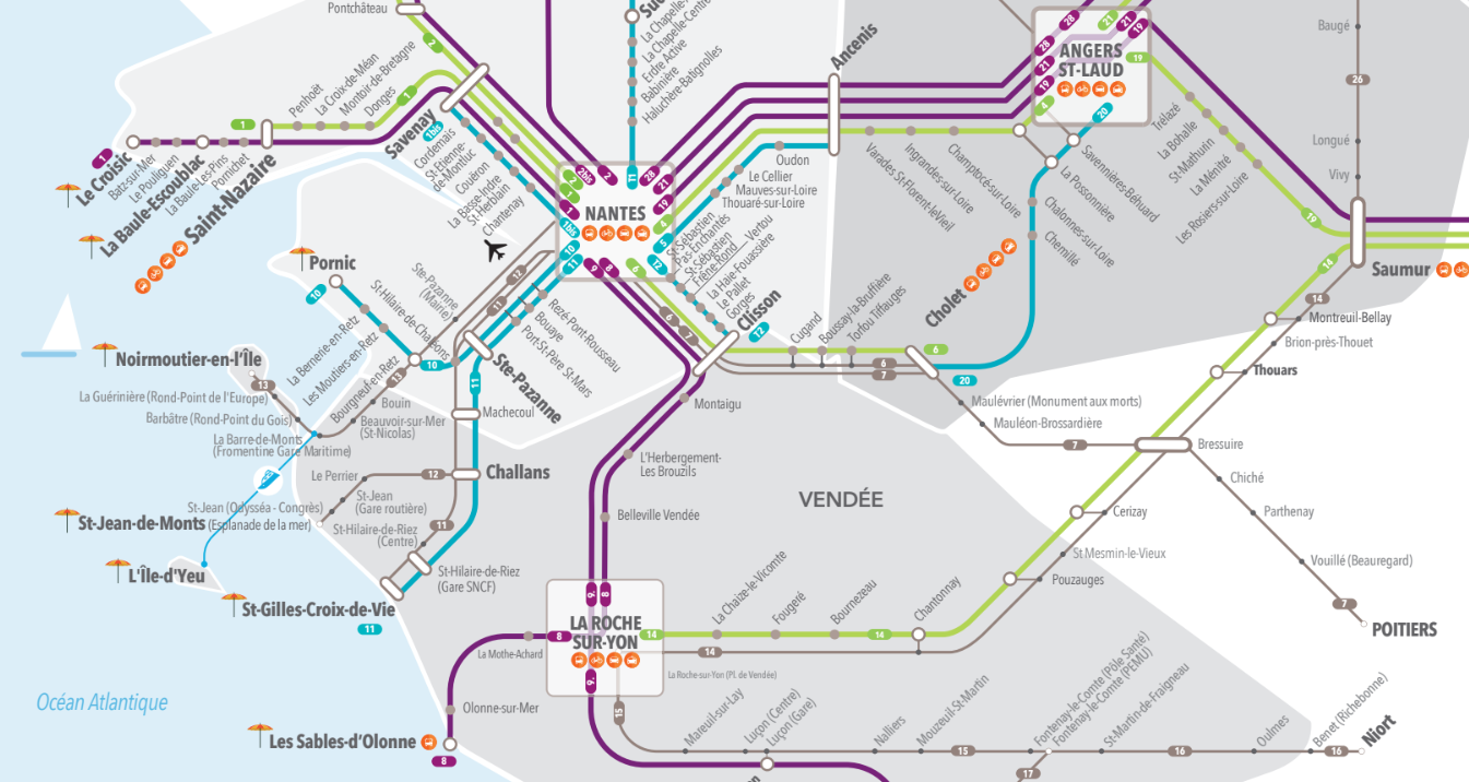 Carte des lignes régionales de transport des Pays de la Loire